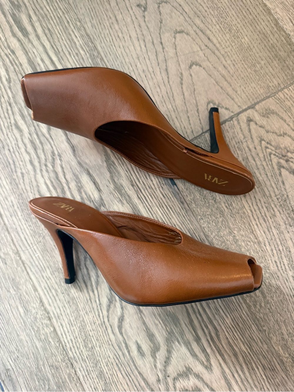 Zara Tan Brown Peep-Toe High Heel Mules